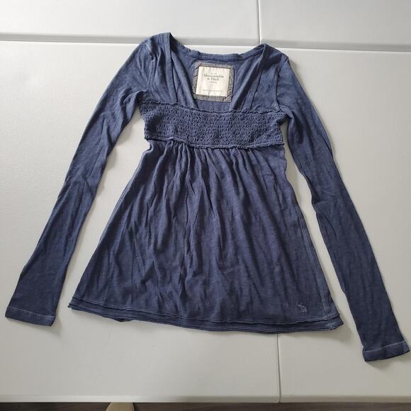 Y2K 2000 Abercrombie & Fitch Babydoll Top Pointelle Blue Long Sleeve Smocked TVD - Picture 1 of 9